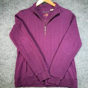 Orvis Textured Quarter‎ Zip Pullover Women Small Purple Elbow Patches Mock Neck
